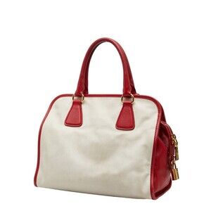 Prada White Red Saffiano Handbag Triangle Leather Plate Logo